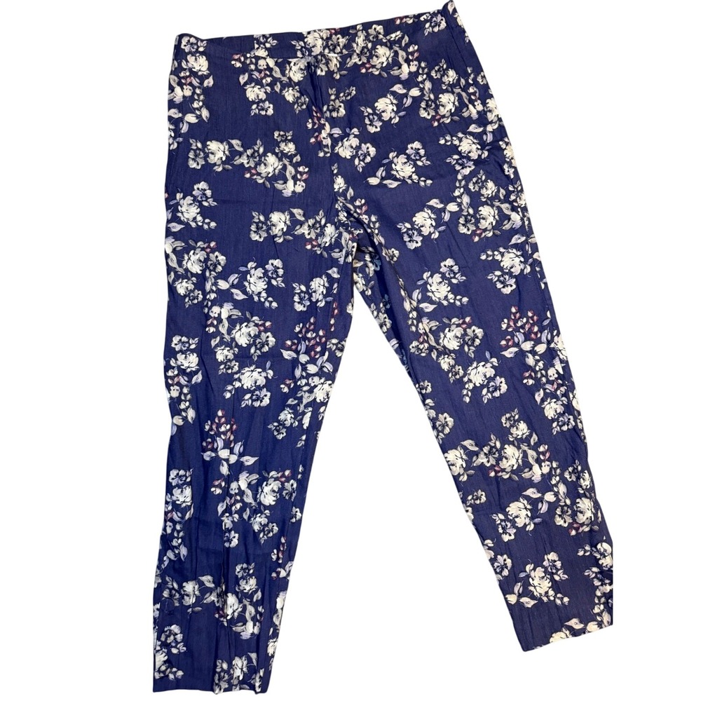 J. Jill Navy Blue White Floral Linen‎ Stretch Cropped Pants Size L